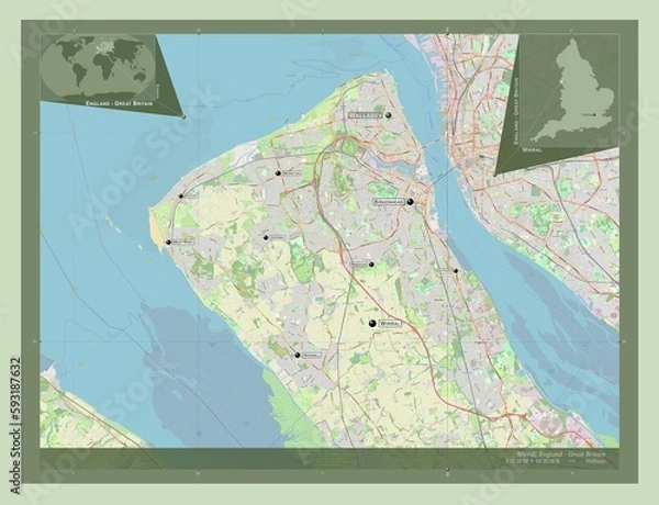 Obraz Wirral, England - Great Britain. OSM. Labelled points of cities