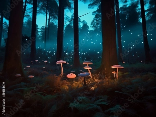 Fototapeta Enchanted Forest: Glowing Mushrooms and Towering Trees