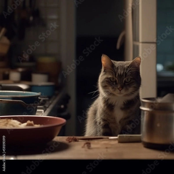 Fototapeta Cuddly Domestic Cat in the Kitchen