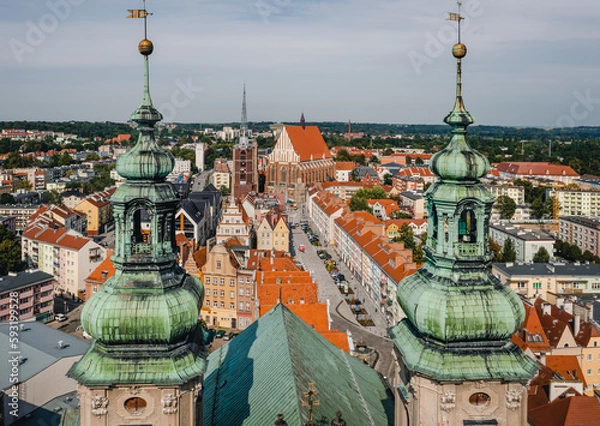 Fototapeta Nysa, aerial panoramic view of Nysa downtown, the main square, Town hall tower, Tkacka Street and Basilica of St. James and St. Agnes. Drone view of the oldest towns in Silesia.