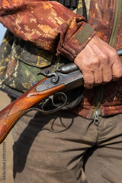 Fototapeta Mature man hunter with gun while walking on field.