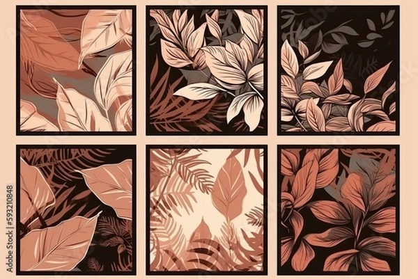 Fototapeta Set Brown Square Frame With Painting Of Lush Leaves. Generative AI