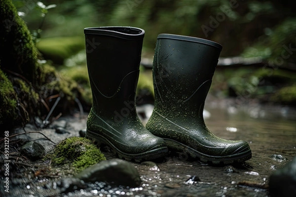 Obraz Closeup Of Pair Of Green And Black Rubber Boots With Textured Surface, Standing In Shallow Stream With Rocks And Moss. Generative AI