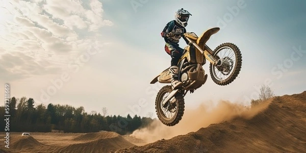 Obraz Jumping Mountain Motocross Race Biker in Action, autorstwa AI Generative