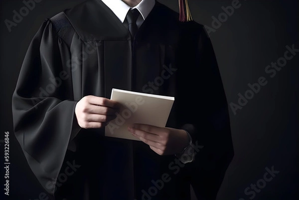 Fototapeta Graduatie in black gown holding a book. Concept of education, back to school. Generative AI