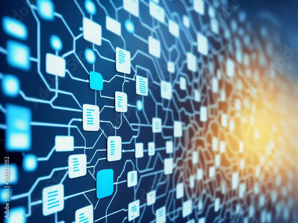 Obraz Abstract technology background with data structure mind map organigram organization lines on virtual display. For artificial intelligence, information technology, data flow. Generative AI