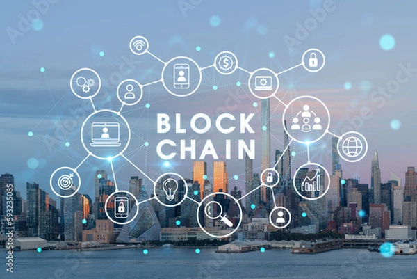 Fototapeta New York City skyline from New Jersey over Hudson River, Midtown Manhattan skyscrapers at sunset, USA. Decentralized economy. Blockchain, cryptography and cryptocurrency concept, hologram