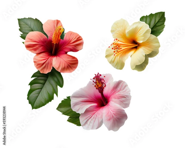 Fototapeta Colorful hibiscus rosa sinensis flowers with a transparent background.  Generative AI.
