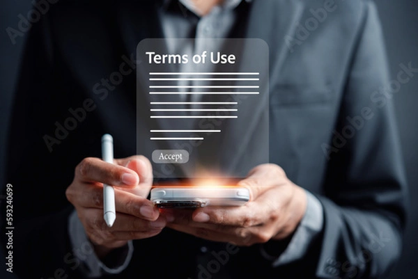 Fototapeta Businessman Sign Terms of use concept, reading terms and conditions of website or service before clicking button agree. Terms and conditions of contract