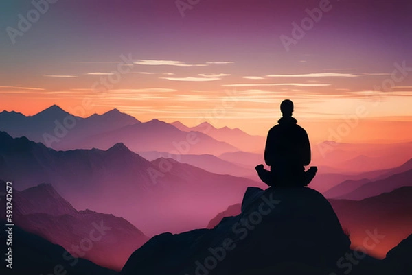 Fototapeta silhouette of person sitting on a mountain
