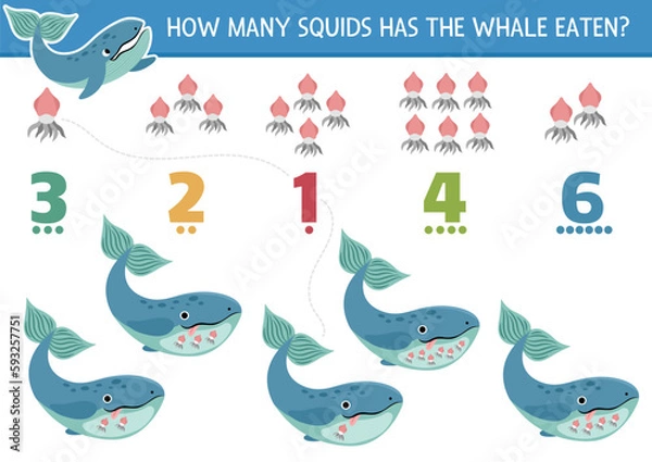 Fototapeta Match the numbers under the sea game with whale eating squid. Ocean life math activity for preschool kids. Marine educational counting worksheet with cute water animals.