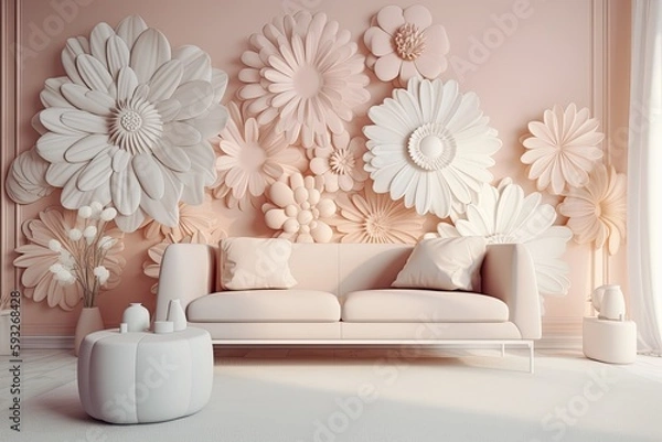 Fototapeta Bright and Colorful Home Decor with Giant Daisy Flowers - Interior Design with Pastel Soft Colors: Generative AI