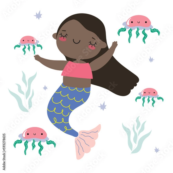 Fototapeta The Little Mermaid, jellyfish and seaweed in cartoon children's style. set of vector images of marine-themed