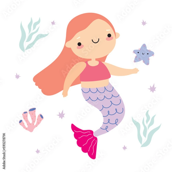 Fototapeta A mermaid with pink hair and a pink top holds a starfish in the water. The Little Mermaid, starfish and seaweed in cartoon children's style. set of vector images of marine-themed