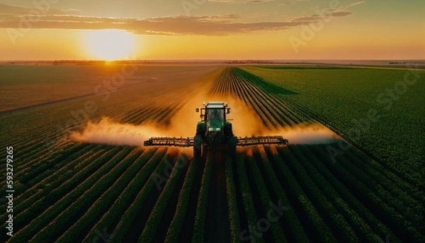 Obraz A tractor sprays an agricultural field with fertilizer on a sunset evening. Drone view. Illustration by Generative AI.