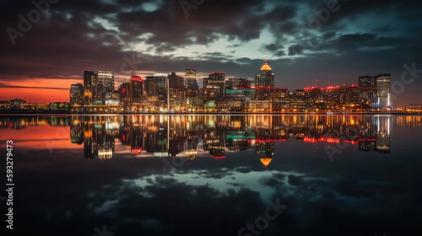 Fototapeta Beautiful skyline of a mega city in the evening with a lake in front. Generative AI.