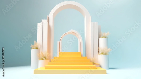 Fototapeta Stage podium scene for product showcase, happy, summer day promotion concepts for your design choices. generative ai