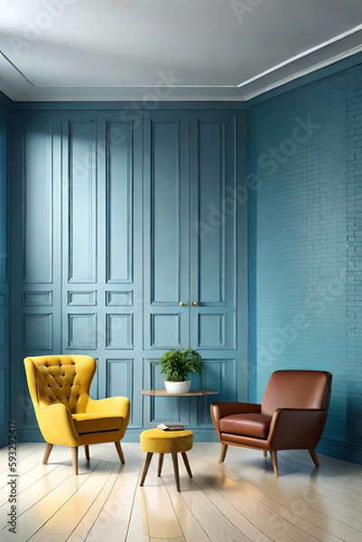 Fototapeta Modern interior, bright yellow chair in a living room with a blue wall and a lamp