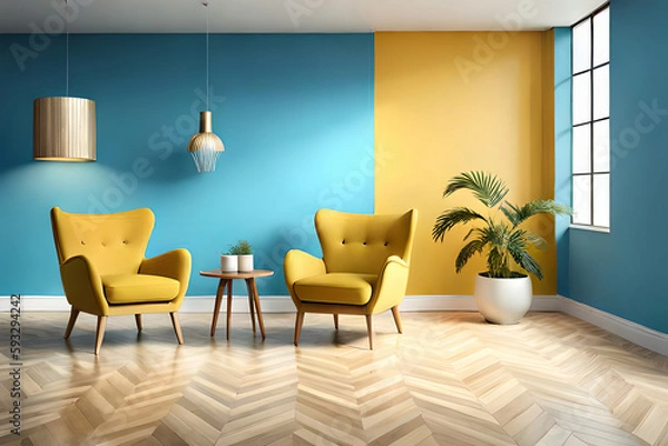 Obraz Modern interior, bright yellow chair in a living room with a blue wall and a lamp