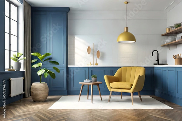 Obraz Modern interior, bright yellow chair in a living room with a blue wall and a lamp
