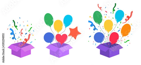 Obraz Collection of opened boxes with a bright multicolored balloons and confetti. Illustration on transparent background