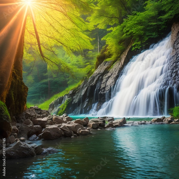 Obraz waterfall in a forest and a lake, landscape, Generative AI