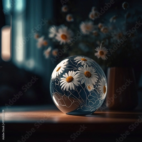 Obraz water-globe-on-wood-surface-spring-flower-background. AI generated.