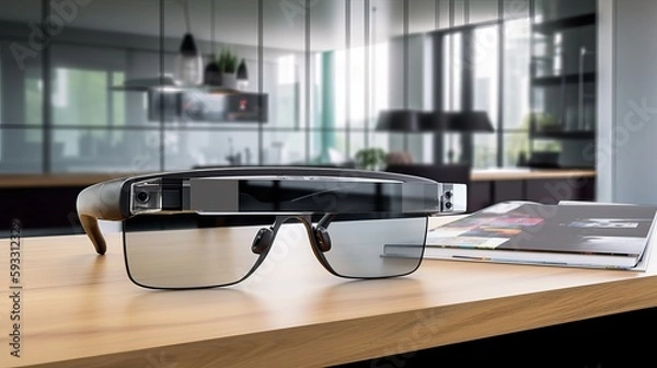 Fototapeta Top-Down View of AR Smart Glasses Floating in Sleek Modern Office Space