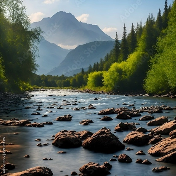 Obraz landscape of a river stream with rocks in the woods, mountains in the background, Generative AI