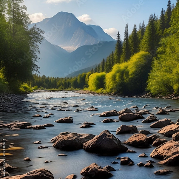 Obraz river water stream landscape with rocks and mountains and woods in the background, Generative AI