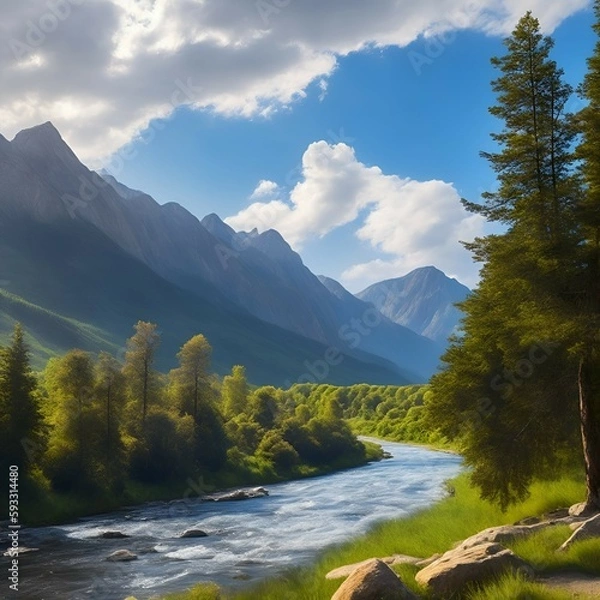 Obraz river in the mountains, landscape, realistic, Generative AI
