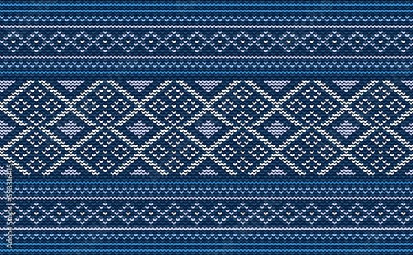 Fototapeta Design knit pattern vector, Cross stitch ethnic Boho background, Embroidery diagonal oriental style, Blue pattern template decorative, Design for textile, fabric, curtain, rug, aprons