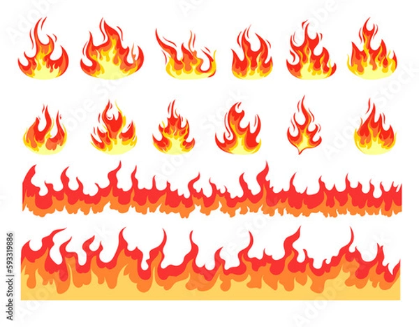 Fototapeta Fire flame cartoon burn hot isolated set concept. Vector cartoon graphic design element illustration