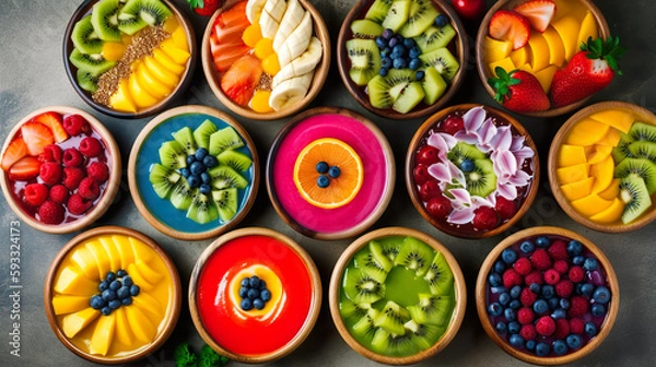 Obraz Various smoothie bowls with various vibrant fruit and berry toppings, AI generative flat lay, overhead top view
