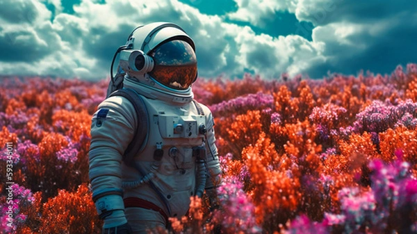 Fototapeta An astronaut in a field of flowers in the blue cloudy sky