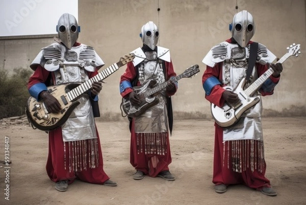 Fototapeta Cyberpunk Gnawa, traditional Moroccan musicians,  abstract futuristic outfit - generative ai