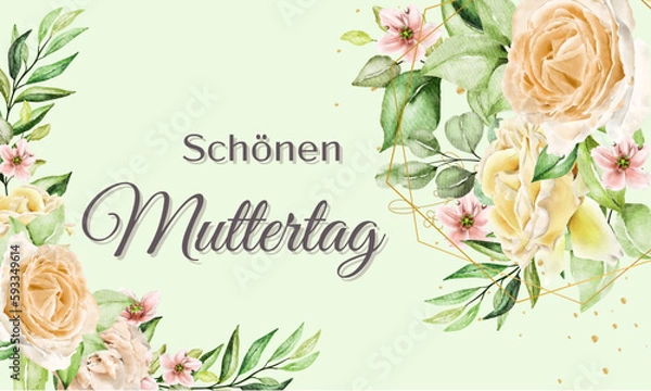 Fototapeta Karte oder Banner, um einen glücklichen Muttertag in Grau auf grünem Hintergrund mit Blumen auf jeder Seite in Rosa-, Gelb- und Lachsfarben zu wünschen