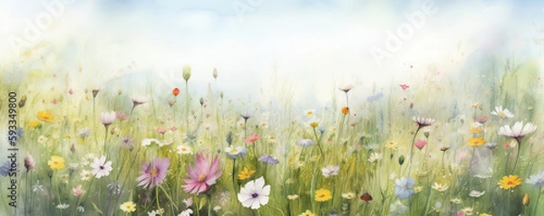 Obraz Meadow with wildflowers and sunshine card, summer flowers in field with grass, serenity of vacation with insects and fragrance. Generative AI.