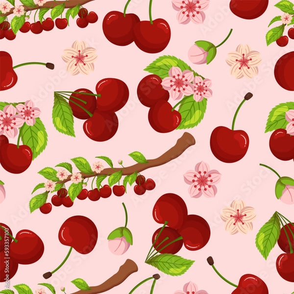 Fototapeta Seamless Pattern Features Vibrant Cherries on Pink Background, Arranged In An Aesthetically Pleasing Formation