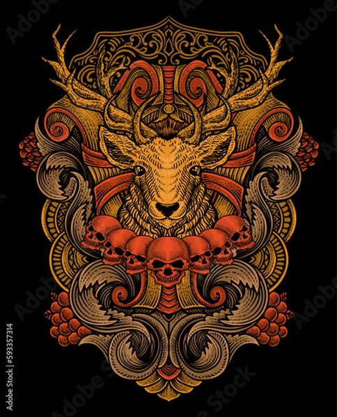 Obraz illustration deer head with antique engraving ornament style good for your merchandise dan T shirt
