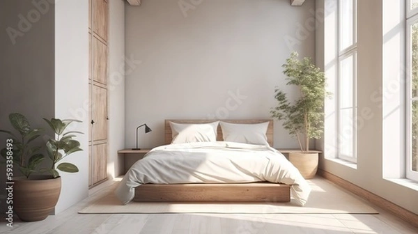Fototapeta bedroom interior design scene, minimalistic, generative AI