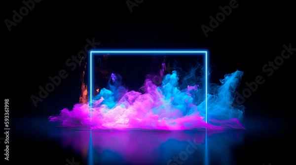 Obraz  Abstract background with neon lights, empty frame, cosmic landscape glowing lines with smoke on black background.