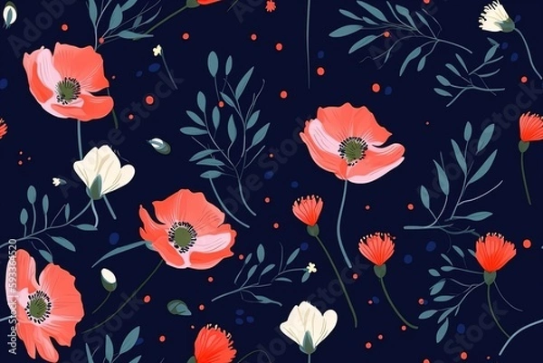 Fototapeta poppies flowers with leaves seamless pattern background