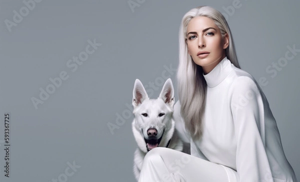 Fototapeta Stylish woman with her adorable white German Shepherd posing in studio. Generative ai