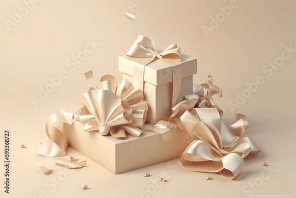 Fototapeta Cosmetic product presented in a 3D open gift box on a beige flat lay background. Perfect for Christmas or birthday branding. 3D rendered shopping mockup with gold ribbon.