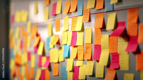 Fototapeta Bright and colorful post-its on a whiteboard, generative ai