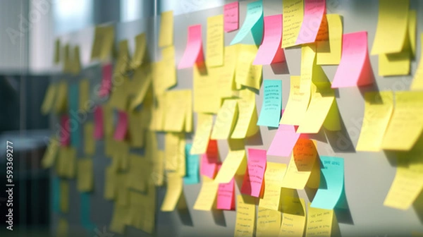 Fototapeta Yellow, blue and pink post-its on a whiteboard, generative ai