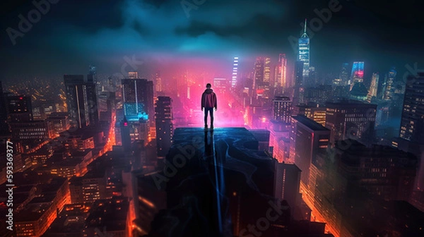 Fototapeta A silhouette standing on the edge of a skyscraper looking out over a bright neon city at night, generative ai