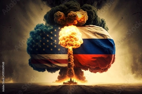 Fototapeta A huge nuclear explosion with a Russian and a USA flag in it, representing the conflict between west and east, generative ai