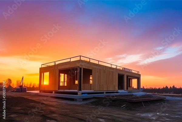 Fototapeta Construction of a new modern prefabricated house. Future proof building techniques, eco houses, self sufficient homes. Generative ai.